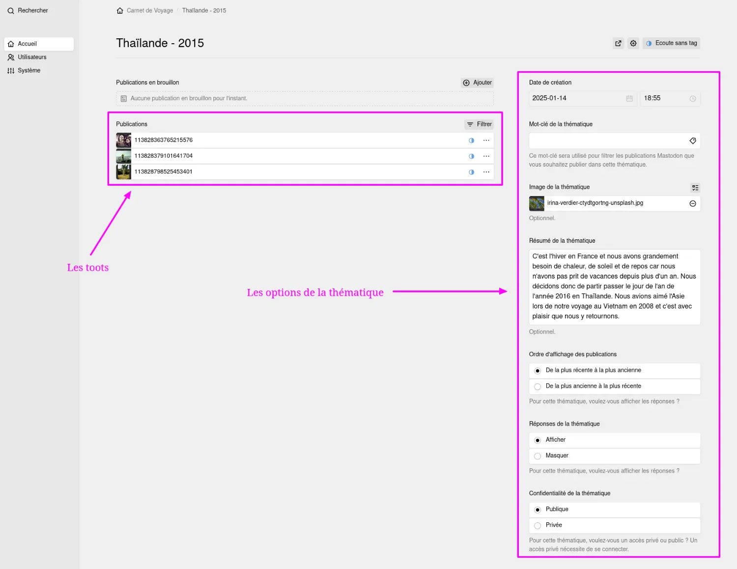 Espace d'administration du site - Gestion des options d'une thématique