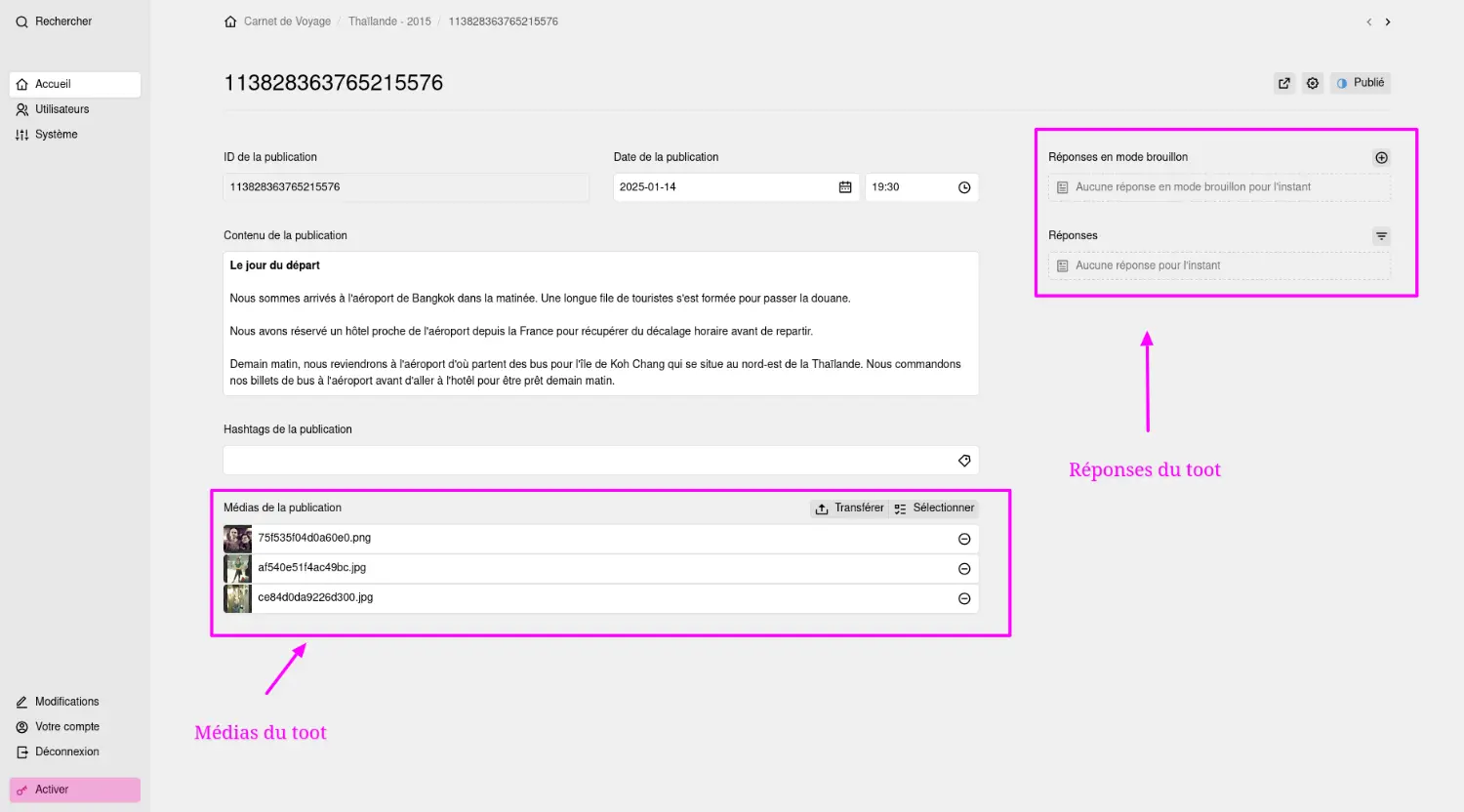 Espace d'administration du site - Gestion des options d'un toot