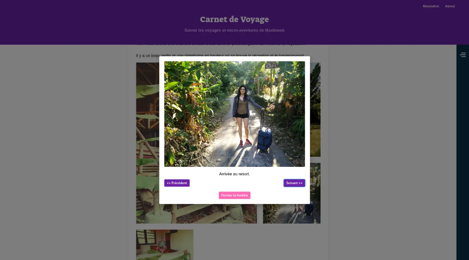 Page d'accueil d'un site Mastoweb avec visonnage des photos dans une fenêtre flottante comportant des boutons de navigation 